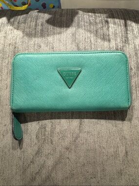 GUESS Teal Zip Around Wallet with Triangle Logo